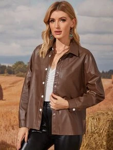 Áo khoác nữ Nút phía trước màu trơn Giải trí - Cà phê nâu - Xem 4