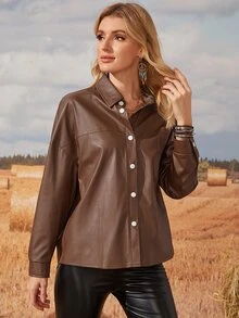 Áo khoác nữ Nút phía trước màu trơn Giải trí - Cà phê nâu - Xem 5