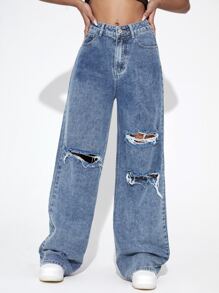 Jeans de pierna ancha con diseño roto con cremallera - Azul lavado medio - Ver 1
