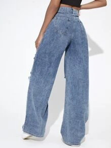 Jeans de pierna ancha con diseño roto con cremallera - Azul lavado medio - Ver 2