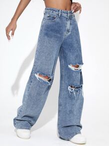 Jeans de pierna ancha con diseño roto con cremallera - Azul lavado medio - Ver 3