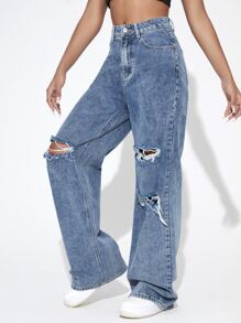 Jeans de pierna ancha con diseño roto con cremallera - Azul lavado medio - Ver 4