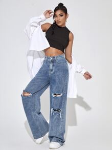 Jeans de pierna ancha con diseño roto con cremallera - Azul lavado medio - Ver 5