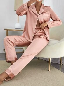 Contrast Piping Patched Pocket Satin PJ Set / Pajama Set - Dusty Pink - View 2