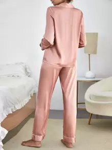 Contrast Piping Patched Pocket Satin PJ Set / Pajama Set - Dusty Pink - View 3