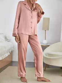 Contrast Piping Patched Pocket Satin PJ Set / Pajama Set - Dusty Pink - View 4
