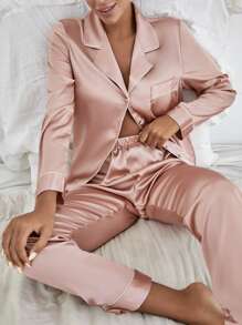 Contrast Piping Patched Pocket Satin PJ Set / Pajama Set - Dusty Pink - View 1