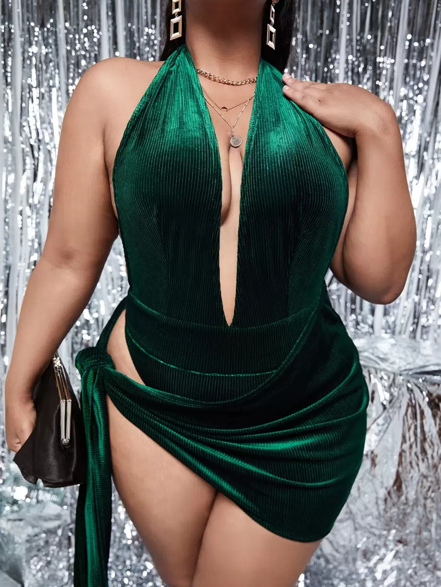 SHEIN SXY Plus Plunging Halter Neck Backless Velvet Bodysuit & Tie Side Skirt - Dark Green - View 1