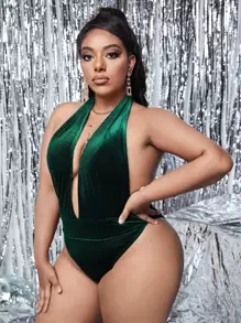 SHEIN SXY Plus Plunging Halter Neck Backless Velvet Bodysuit & Tie Side Skirt - Dark Green - View 5