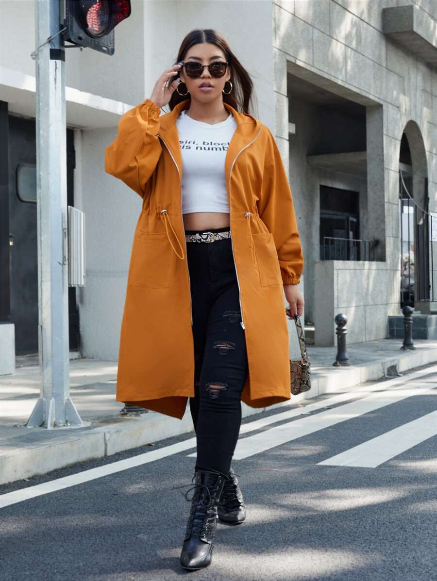 SHEIN Plus Drawstring Waist Hooded Split Back Coat - Ginger - View 1
