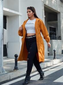 SHEIN Plus Drawstring Waist Hooded Split Back Coat - Ginger - View 4