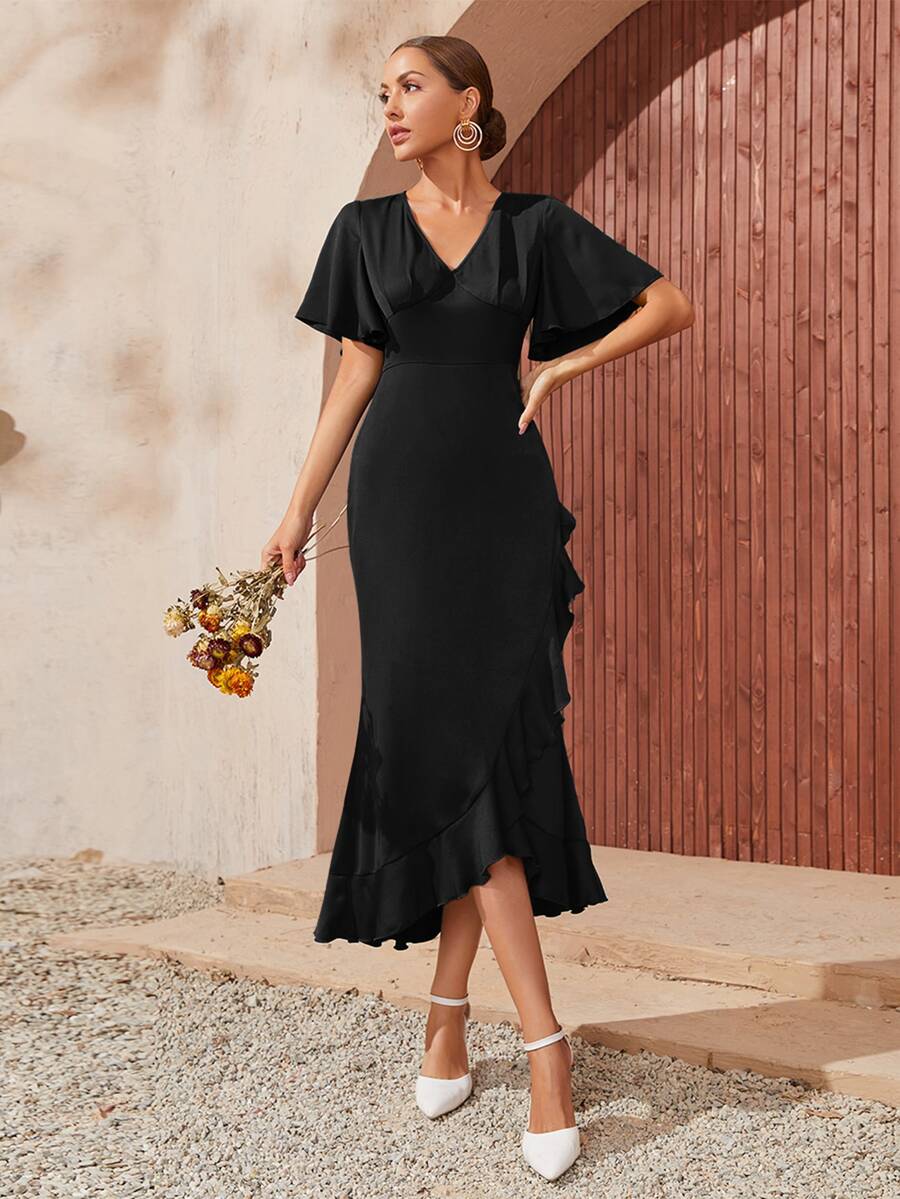 Vestido Sólido De Manga Mariposa Con Ribete De Volantes Y Dobladillo Envolvente - Negro - Ver 1