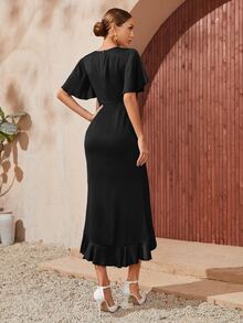 Vestido Sólido De Manga Mariposa Con Ribete De Volantes Y Dobladillo Envolvente - Negro - Ver 2