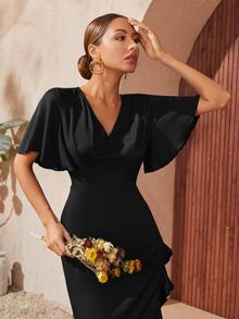 Vestido Sólido De Manga Mariposa Con Ribete De Volantes Y Dobladillo Envolvente - Negro - Ver 3