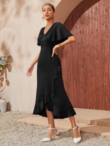 Vestido Sólido De Manga Mariposa Con Ribete De Volantes Y Dobladillo Envolvente - Negro - Ver 4