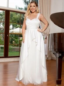 EVERPRETTY Plus Layer Mesh Hem Wedding Dress - White - View 1