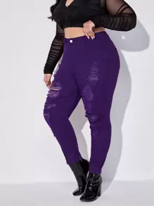 SHEIN SXY Jeans ajustados de talle alto roto crudo - Morado - Ver 1