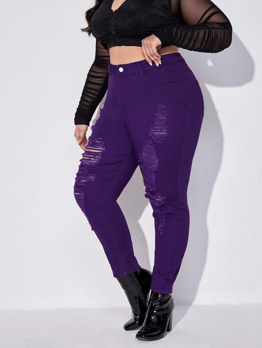 SHEIN SXY Jeans ajustados de talle alto roto crudo - Morado - Ver 1