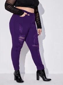 SHEIN SXY Jeans ajustados de talle alto roto crudo - Morado - Ver 3
