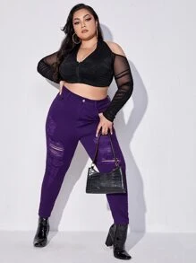 SHEIN SXY Jeans ajustados de talle alto roto crudo - Morado - Ver 4
