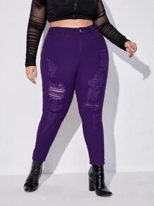 SHEIN SXY Jeans ajustados de talle alto roto crudo - Morado - Ver 5