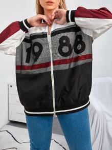 SHEIN 大碼數字圖案漁網拼接插肩袖撞色飛行員夾克 - 彩色 - 查看 1