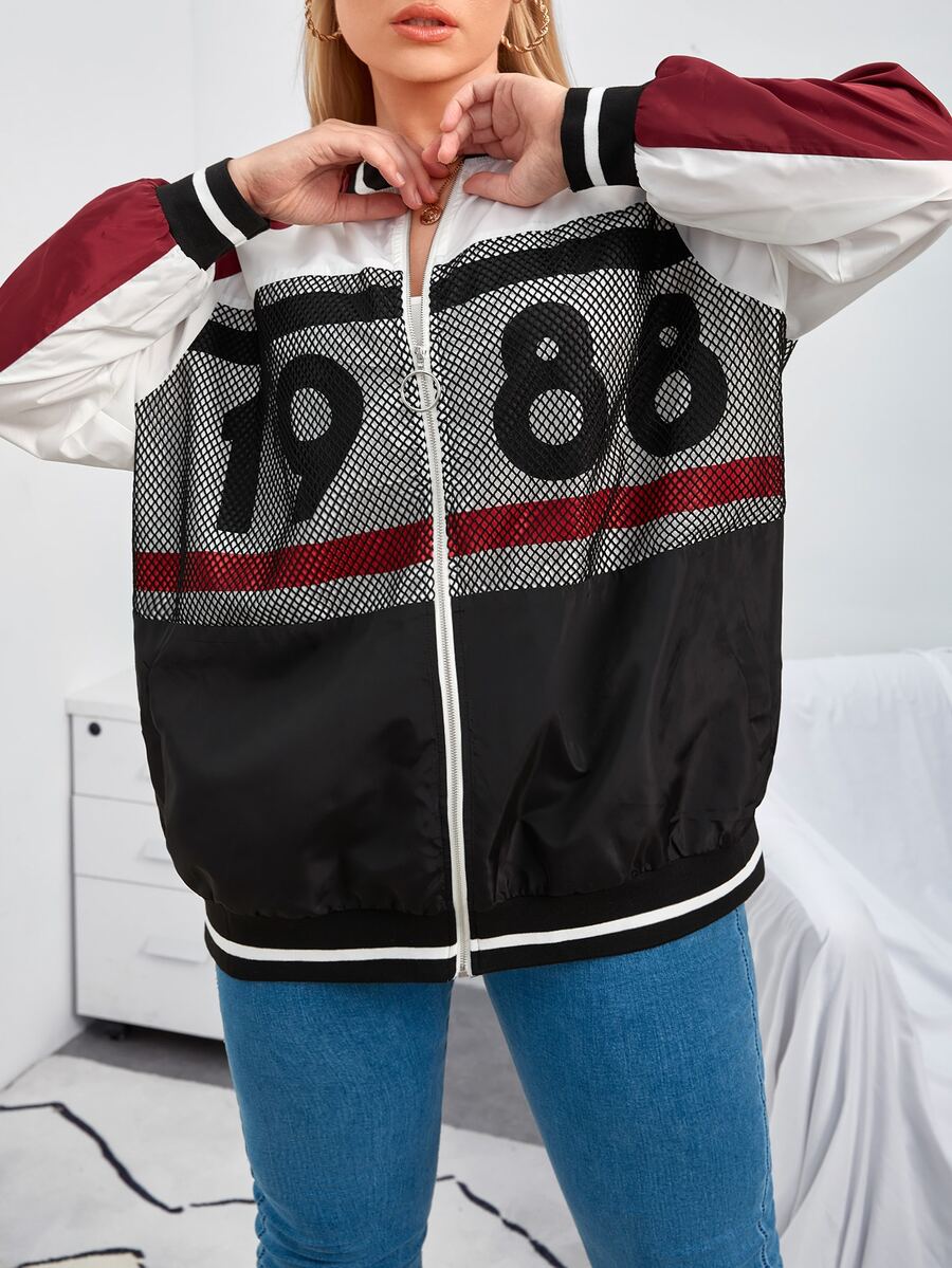 SHEIN 大碼數字圖案漁網拼接插肩袖撞色飛行員夾克 - 彩色 - 查看 1