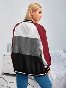 SHEIN 大碼數字圖案漁網拼接插肩袖撞色飛行員夾克 - 彩色 - 查看 2