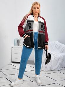 SHEIN 大碼數字圖案漁網拼接插肩袖撞色飛行員夾克 - 彩色 - 查看 3