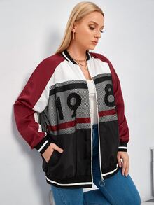 SHEIN 大碼數字圖案漁網拼接插肩袖撞色飛行員夾克 - 彩色 - 查看 4