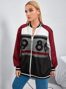 SHEIN 大碼數字圖案漁網拼接插肩袖撞色飛行員夾克 - 彩色 - 查看 5