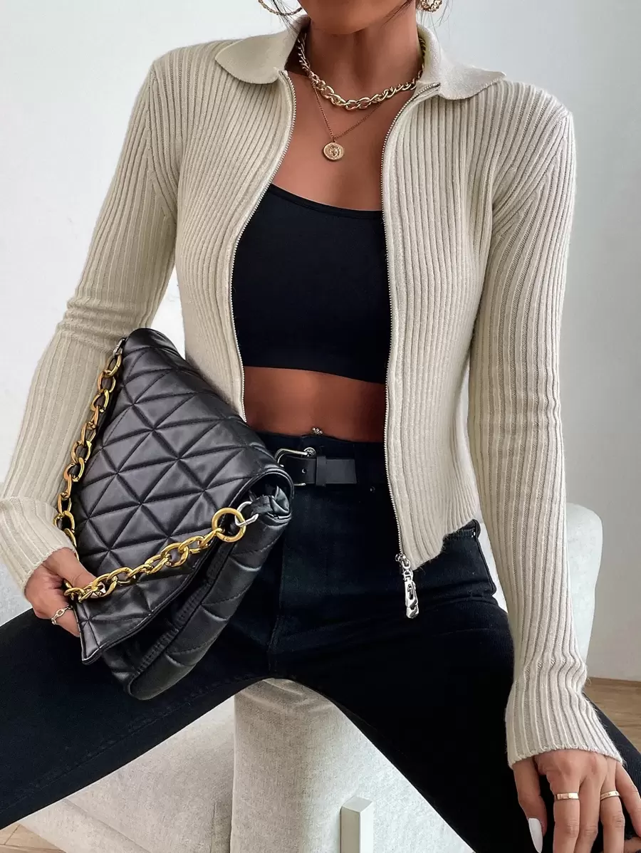 GENKIRA Áo khoác cardigan dệt kim gân trơn có khóa kéo phía trước dành cho nữ - Màu be - Xem 1