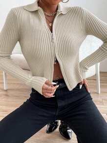 GENKIRA Áo khoác cardigan dệt kim gân trơn có khóa kéo phía trước dành cho nữ - Màu be - Xem 3