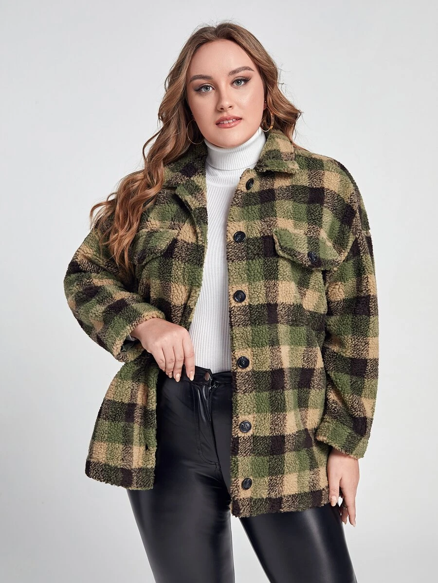 SHEIN Plus Plaid Pattern Drop Shoulder Teddy Coat - Multicolor - View 1
