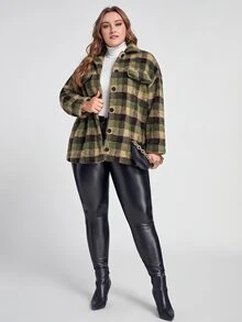 SHEIN Plus Plaid Pattern Drop Shoulder Teddy Coat - Multicolor - View 3
