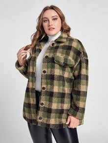 SHEIN Plus Plaid Pattern Drop Shoulder Teddy Coat - Multicolor - View 5