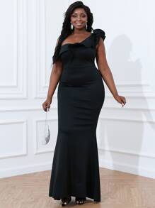seomiscky Plus One Shoulder Ruffle Trim Mermaid Hem Dress