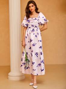 Modelyn Vestido con estampado floral de manga farol fruncido de cuello cuadrado bajo con fruncido - Lila Púrpura - Ver 1