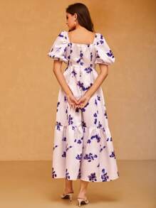 Modelyn Vestido con estampado floral de manga farol fruncido de cuello cuadrado bajo con fruncido - Lila Púrpura - Ver 2
