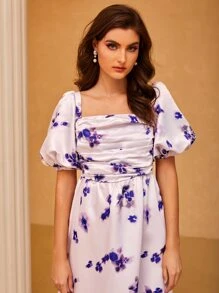 Modelyn Vestido con estampado floral de manga farol fruncido de cuello cuadrado bajo con fruncido - Lila Púrpura - Ver 3