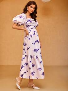 Modelyn Vestido con estampado floral de manga farol fruncido de cuello cuadrado bajo con fruncido - Lila Púrpura - Ver 4