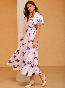 Modelyn Vestido con estampado floral de manga farol fruncido de cuello cuadrado bajo con fruncido - Lila Púrpura - Ver 5