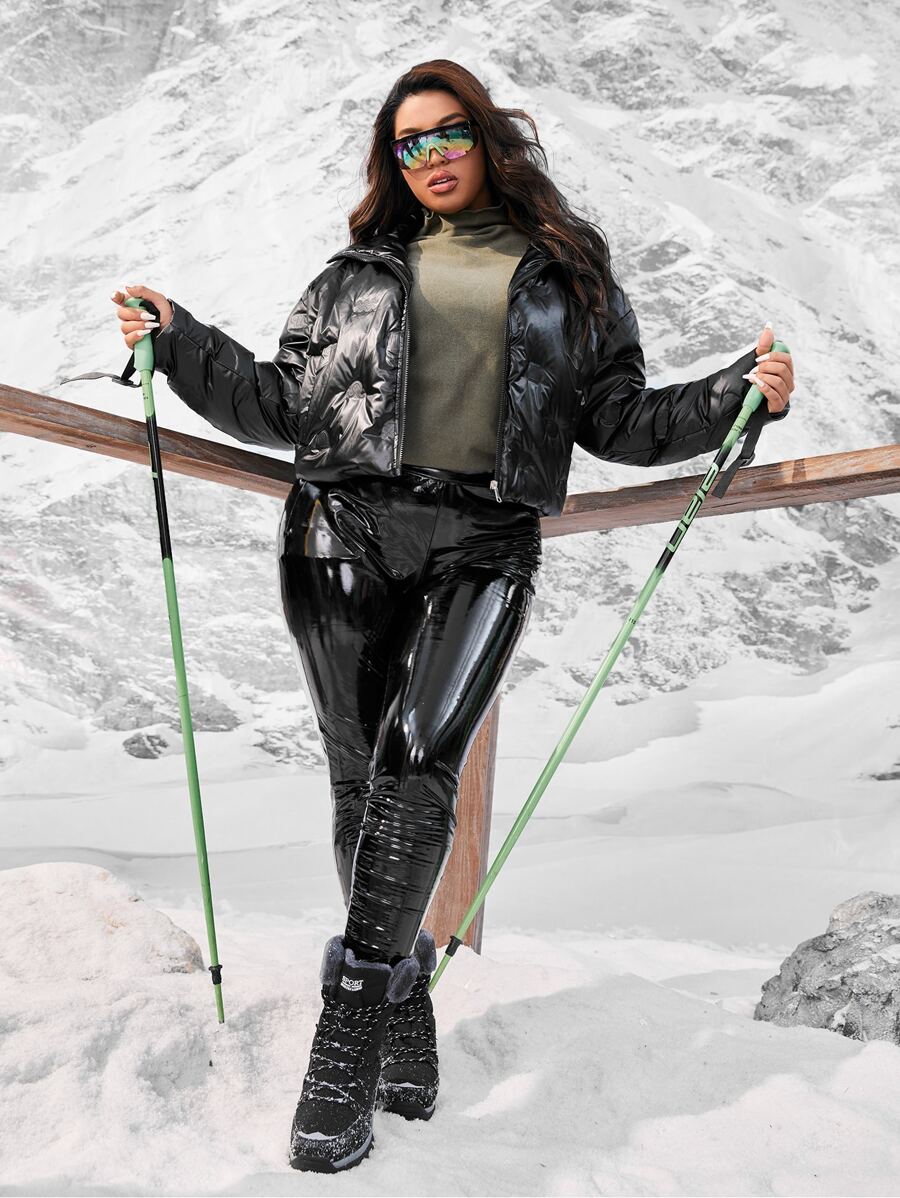 Flirla Plus Size Drop Shoulder Slant Pocket Zip Up Padded Coat - Black - View 1