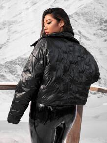 Flirla Plus Size Drop Shoulder Slant Pocket Zip Up Padded Coat - Black - View 2