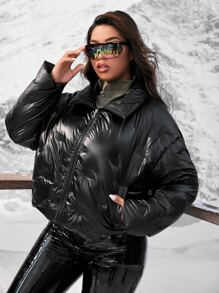 Flirla Plus Size Drop Shoulder Slant Pocket Zip Up Padded Coat - Black - View 5