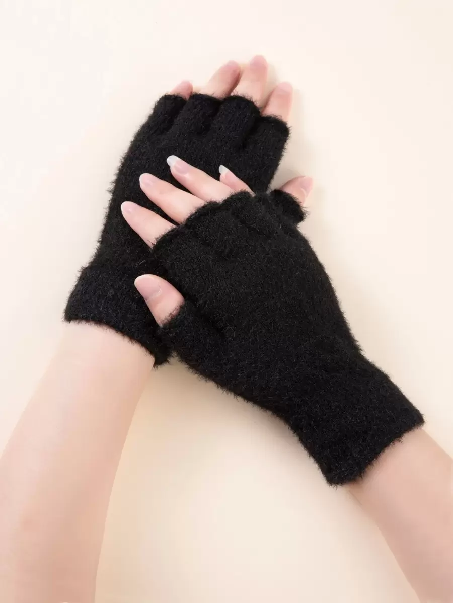 1pair Fluffy Fingerless Gloves Black Touch Screen - Black - View 1