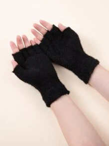 1pair Fluffy Fingerless Gloves Black Touch Screen - Black - View 2