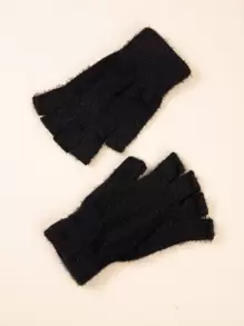 1pair Fluffy Fingerless Gloves Black Touch Screen - Black - View 3
