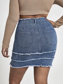 SHEIN SXY Plus Raw Trim Layered Hem Denim Skirt - Dark Wash - View 2
