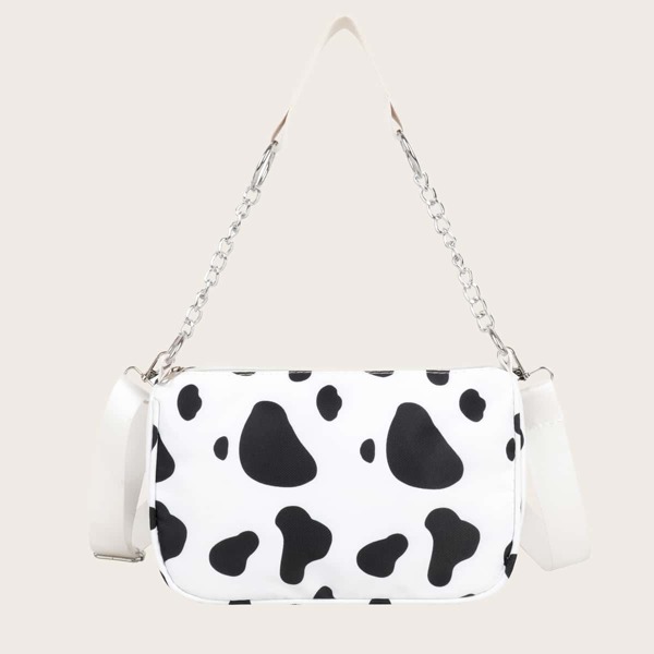 

Metal Decor Cow Print Square Bag, White